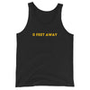 Black tank top featuring bold yellow text "0 FEET AWAY," ideal gay pride apparel.