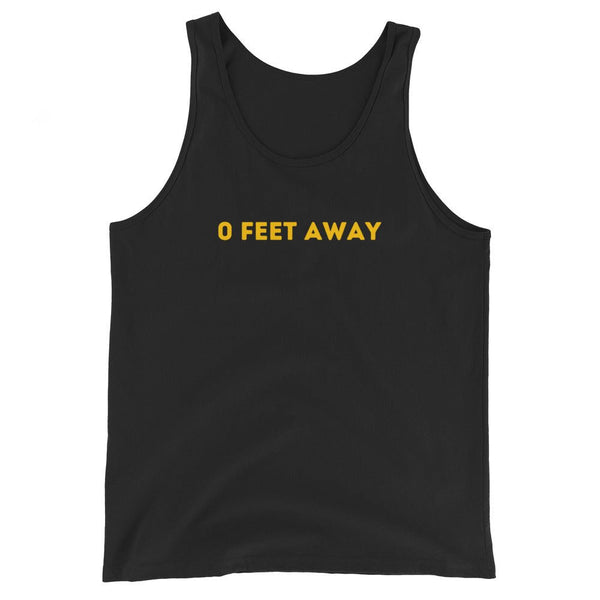 Black tank top featuring bold yellow text "0 FEET AWAY," ideal gay pride apparel.