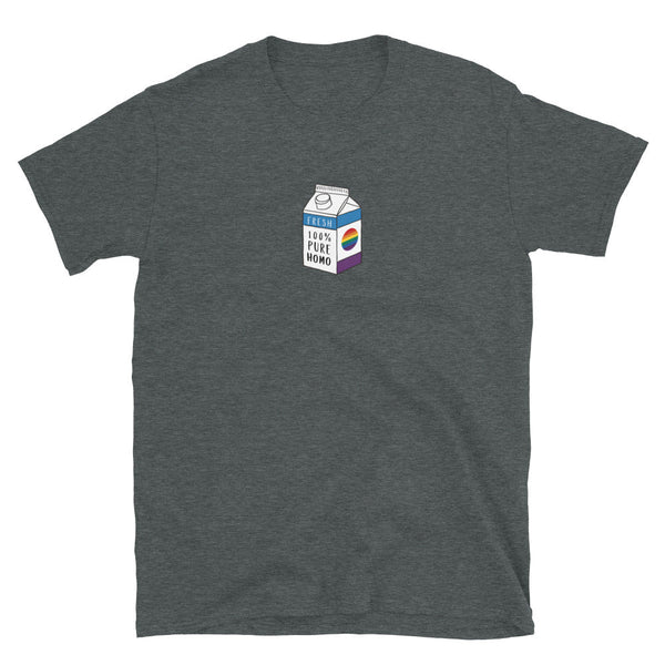 100% Pure Homo Juice, Queer Pride T-Shirt in grey with cartoon milk carton design.