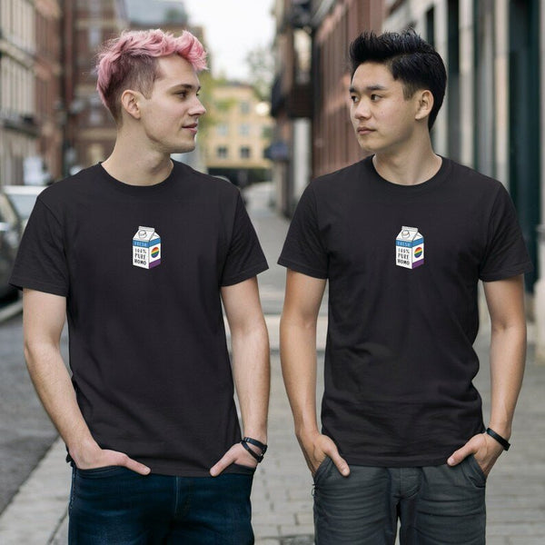 Two models wearing black pride shirts with playful graphics, showcasing gay pride apparel.
