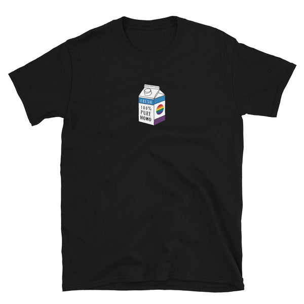 Black gay shirt featuring a funny milk carton design with '100% Pure Homo Juice'