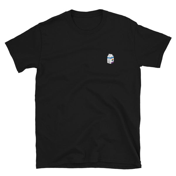 100% Pure Homo Milk, Queer Pride T-Shirt on a black cotton tee.