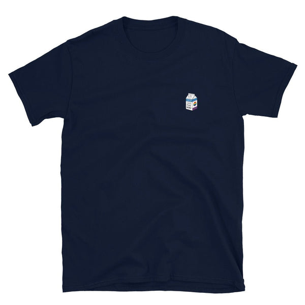100% Pure Homo Milk, Queer Pride T-Shirt in navy blue with milk carton graphic.