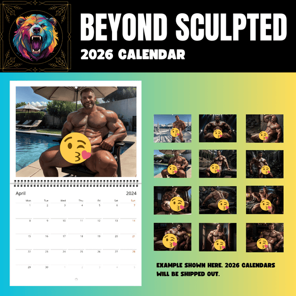 2026 Beyond Sculpted Hunks Naked Calendar featuring muscular man by pool and monthly images.