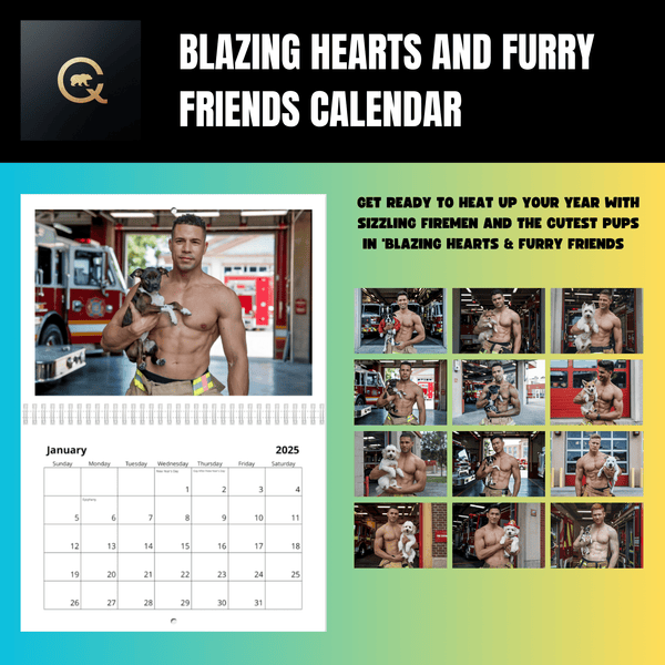 2026 Blazing Hearts & Furry Friends Calendar featuring sexy fireman and cute dog.