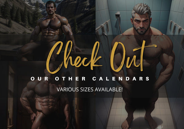Muscular men from 2026 Fantasy Hunks DILFs Naked Calendar in various settings.