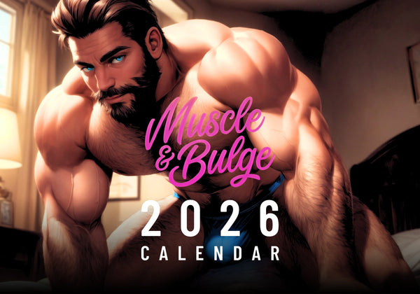 2026 Muscle and Bulge Sexy Hunks DILF Calendar featuring muscular man with beard in bedroom