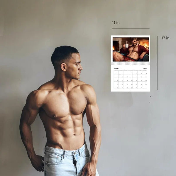 2026 Muscle and Bulge Sexy Hunks DILF Calendar featuring muscular man standing beside wall calendar