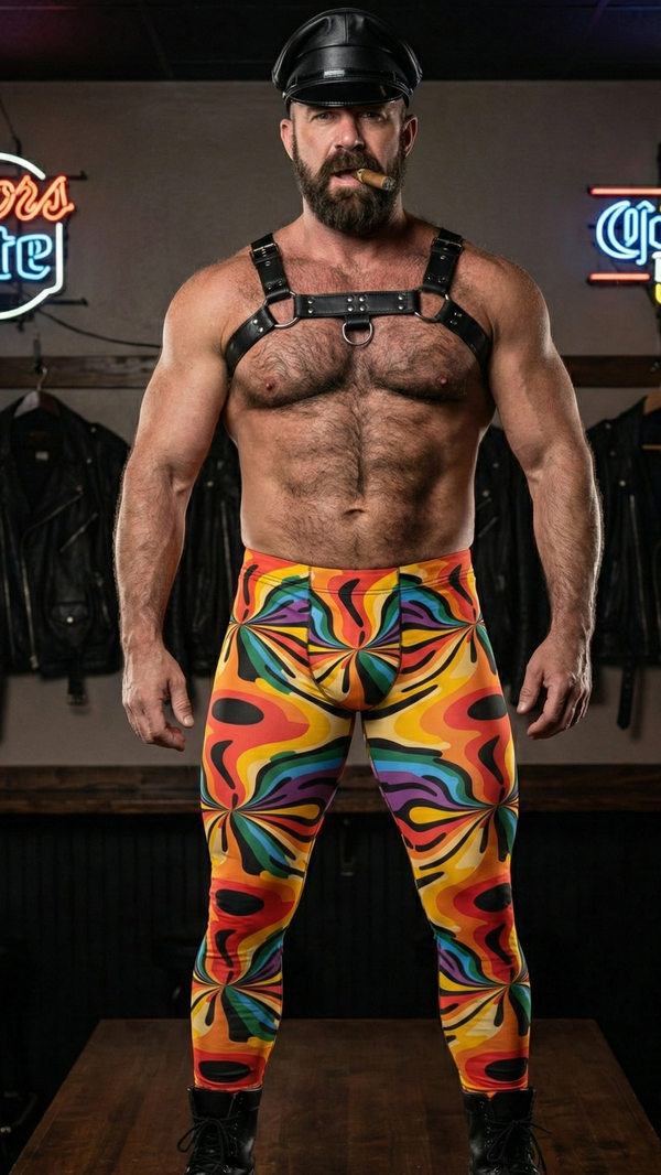 Rainbow Melt men’s leggings psychedelic swirl pattern