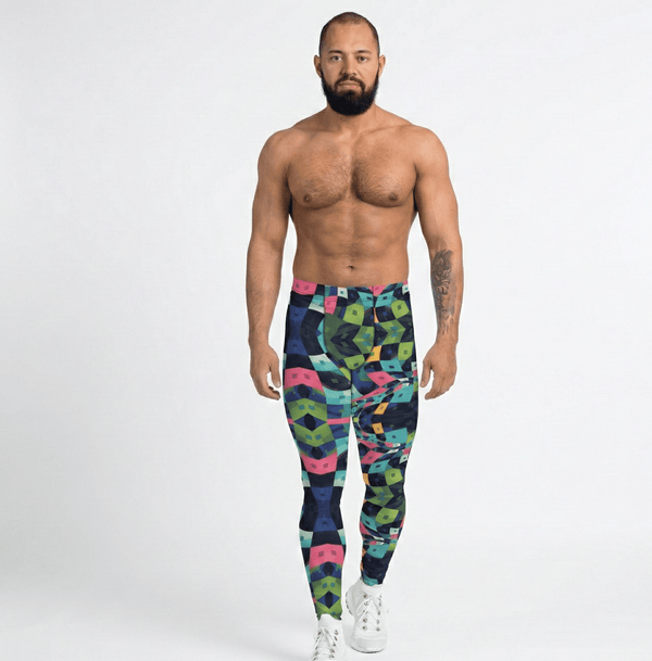 Model wearing colorful abstract block men’s leggings, showcasing vibrant art print design.