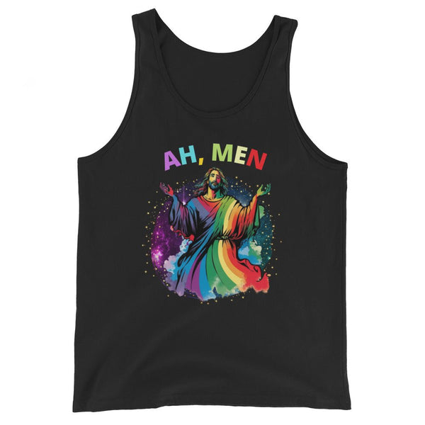 Ah Men Tank Top / Gay Jesus Ah Men Pride Protest / Equality Pride Parade design on a black tank top.