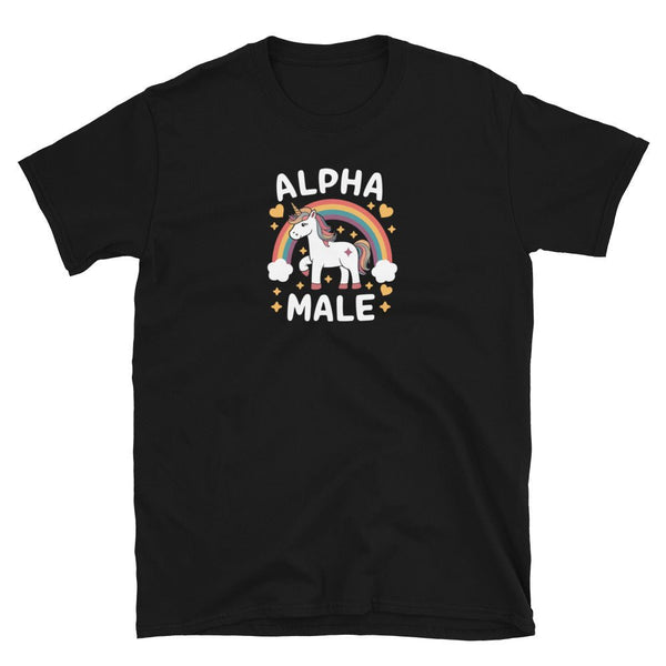 Alpha Male T-Shirt Tee Top Funny Gay Unicorn Gift Unisex Joke Prank Fathers Day on black fabric with rainbow graphics.