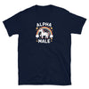 Alpha Male T-Shirt Tee Top Funny Gay Unicorn Gift Unisex Joke Prank Fathers Day design on navy shirt.