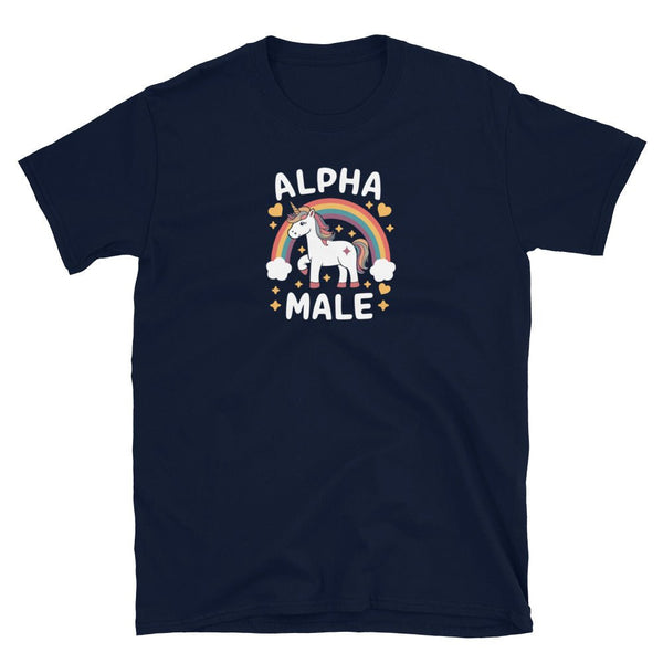 Alpha Male T-Shirt Tee Top Funny Gay Unicorn Gift Unisex Joke Prank Fathers Day design on navy shirt.