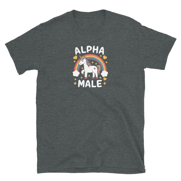 Alpha Male T-Shirt Tee Top Funny Gay Unicorn Gift Unisex Joke Prank Fathers Day on Dark Heather Fabric