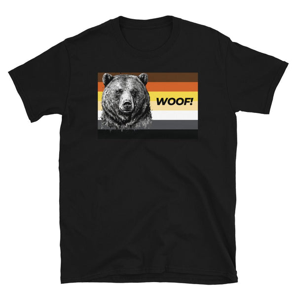 Bear Flag Gay Daddy Bear T-Shirt | Cub Pride Tee | LGBT Bear Shirt featuring a bear graphic and 'WOOF!' text.