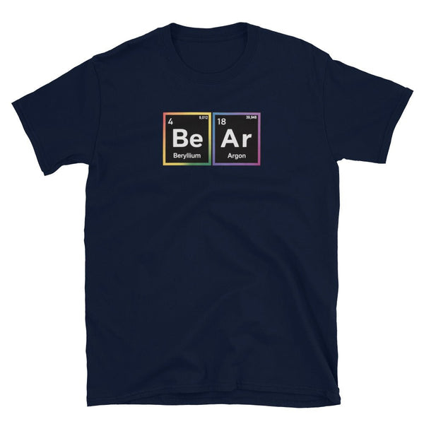 Navy shirt featuring Bear Periodic Table Gay Bear LGBT Pride Rainbow design.