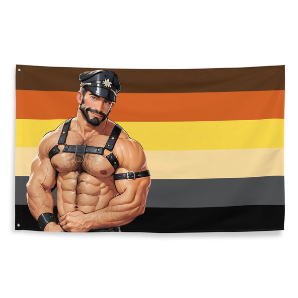 Bear Pride Flag featuring muscular man in harness with bear pride colors.