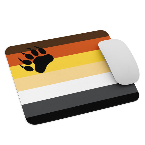 Bear Pride Flag Mouse Pad featuring bear paw design in rainbow colors.