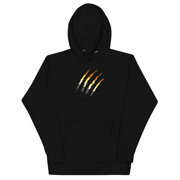 Bear pride Hoodie featuring claw marks design on black fabric, LGBTQ pride apparel.