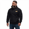 Man wearing a black hoodie featuring bear pride design and front pouch pocket.