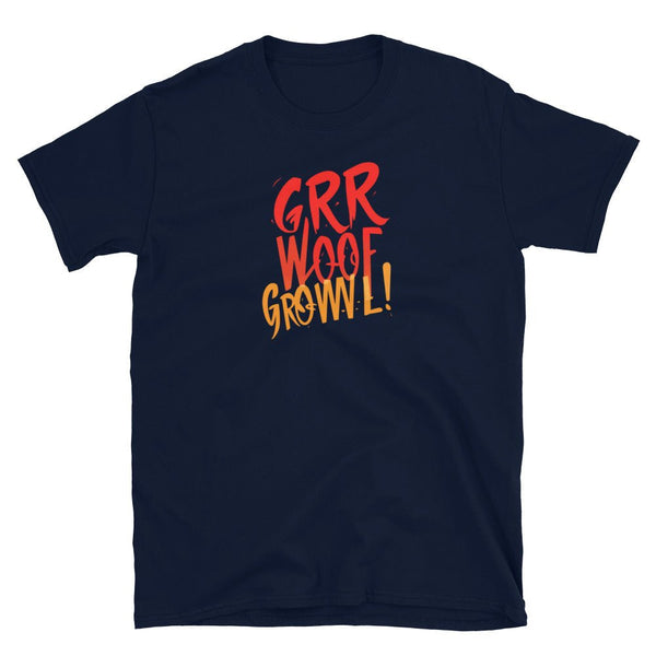 Navy t-shirt with fun dog-themed text: GRR WOOF GROWL!