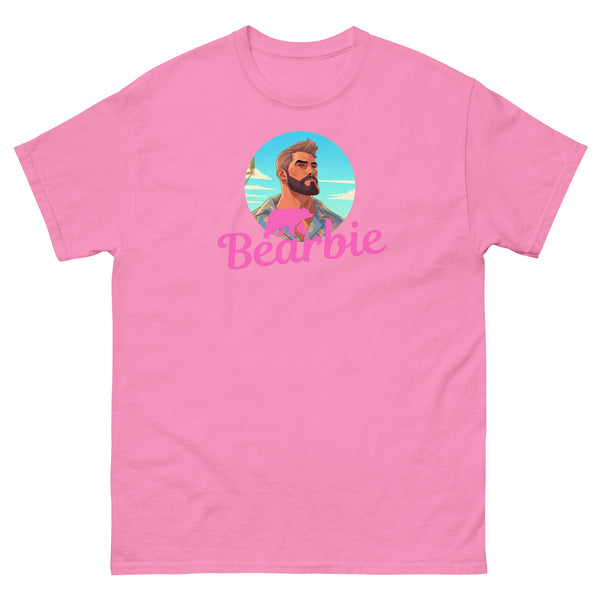 Pink gay shirt featuring Bearbie graphic and muscle bear design.