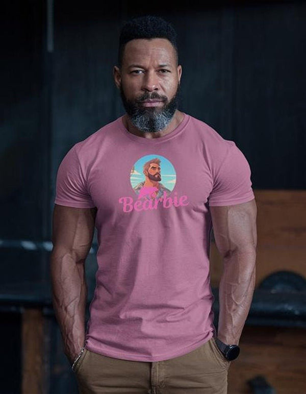Muscle man wearing Bearbie shirt in pink, showcasing gay pride apparel.