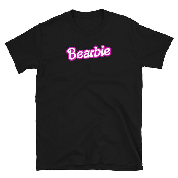 Black t-shirt with Bearbie design, part of gay pride apparel collection.