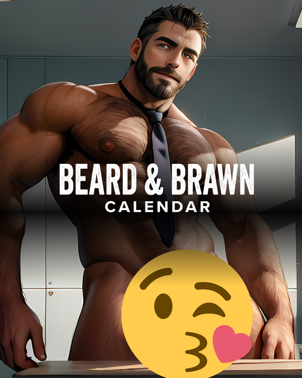 Muscular bearded man wearing only a tie on the cover of the βBeard & Brawn Calendarβ