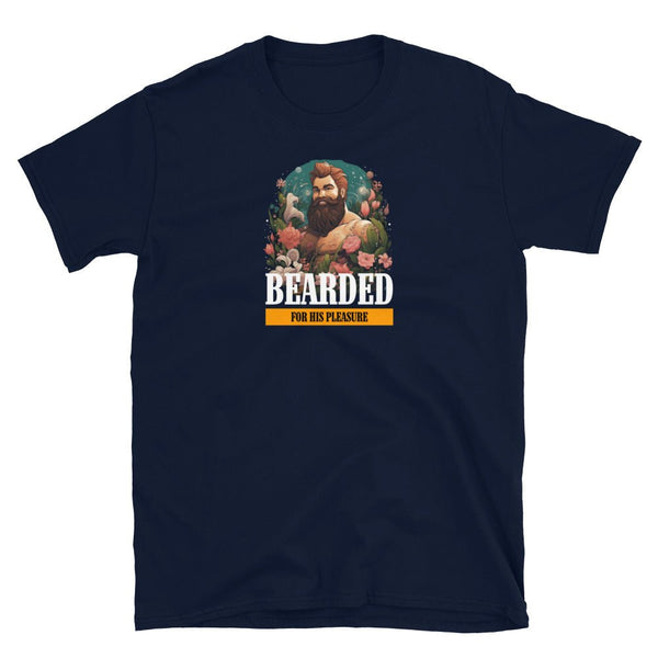 Navy t-shirt featuring a bear graphic, text reads 'Bearded For His Pleasure Bear Gay LGBTQ Rainbow Gay Daddy Bear Pride'.
