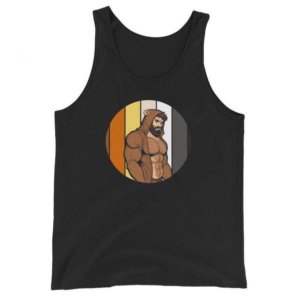 Black tank top featuring a bearded hunk in a bear onesie design, perfect gay pride apparel.