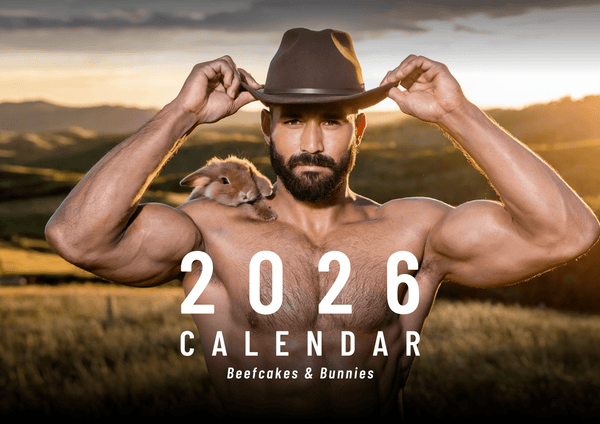 2026 calendar featuring muscular man in hat with bunny, Beefcakes & Bunnies theme, gay gift.