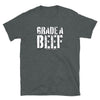 Dark Heather shirt featuring "GRADE A BEEF" text design for gay pride apparel.