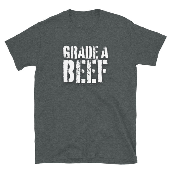Dark Heather shirt featuring "GRADE A BEEF" text design for gay pride apparel.