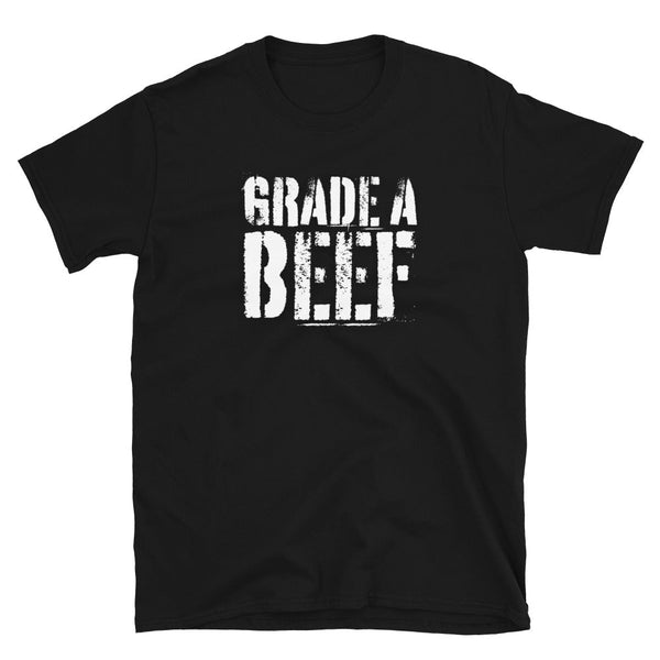 Black t-shirt featuring bold 'GRADE A BEEF' graphic, perfect for gay pride apparel.