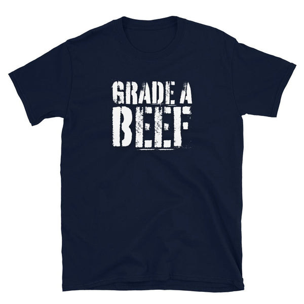 Navy blue t-shirt featuring the words 'GRADE A BEEF', a gay pride shirt design.