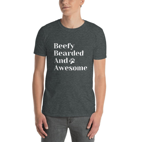 Model wearing a Beefy Bearded & Awesome Shirt in dark color, showcasing a gay bear design.