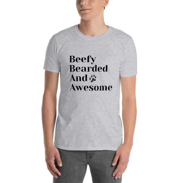 Grey gay shirt featuring 'Beefy Bearded & Awesome' text design, perfect for pride apparel.