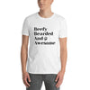 White t-shirt featuring 'Beefy Bearded & Awesome' design, ideal for gay pride apparel.