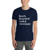 Navy blue t-shirt with "Beefy Bearded & Awesome" text, gay pride apparel.