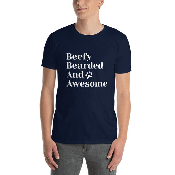 Navy blue t-shirt with "Beefy Bearded & Awesome" text, gay pride apparel.