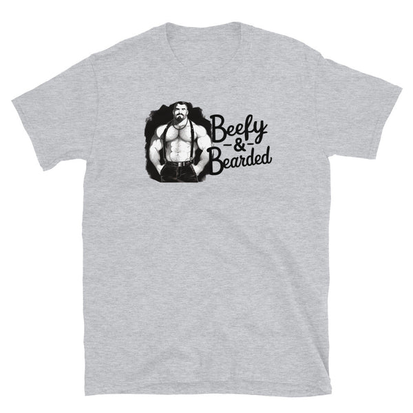 Beefy & Bearded Daddy Bear Gay Hairy Man LGBT Rainbow Gay Daddy Bear Pride shirt design on grey t-shirt.