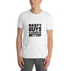 White t-shirt featuring text 'BEEF GUYS CUDDLE BETTER', gay pride apparel.
