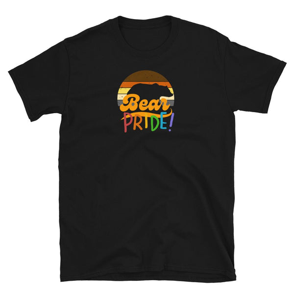 Black t-shirt featuring 'Bear Pride!' graphic in rainbow colors, perfect for LGBTQ celebrations.