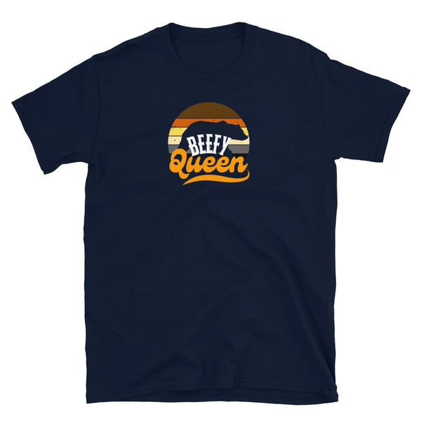 Navy blue gay shirt featuring 'Beefy Queen' design for LGBTQ pride.