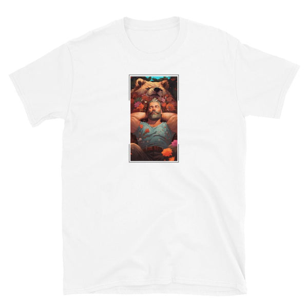 White gay shirt featuring a graphic of a beefy man with a bear design.