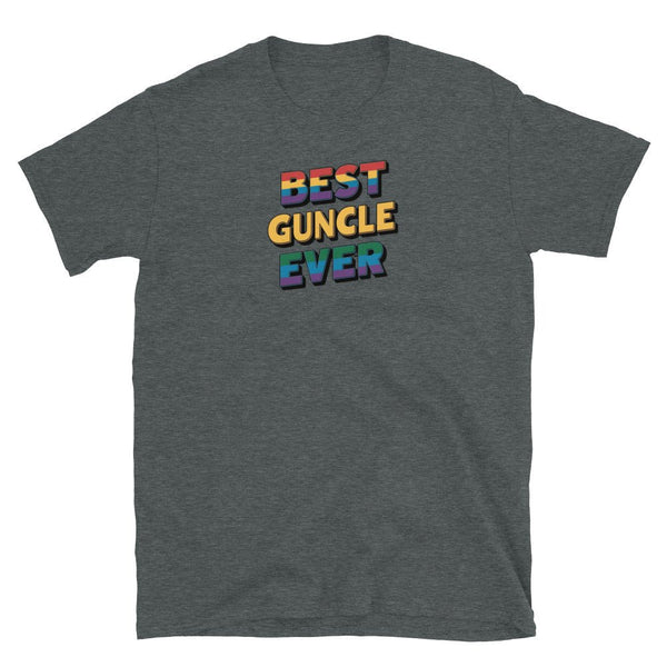Dark heather t-shirt with 'BEST GUNCLE EVER' text in colorful letters, gay pride apparel.