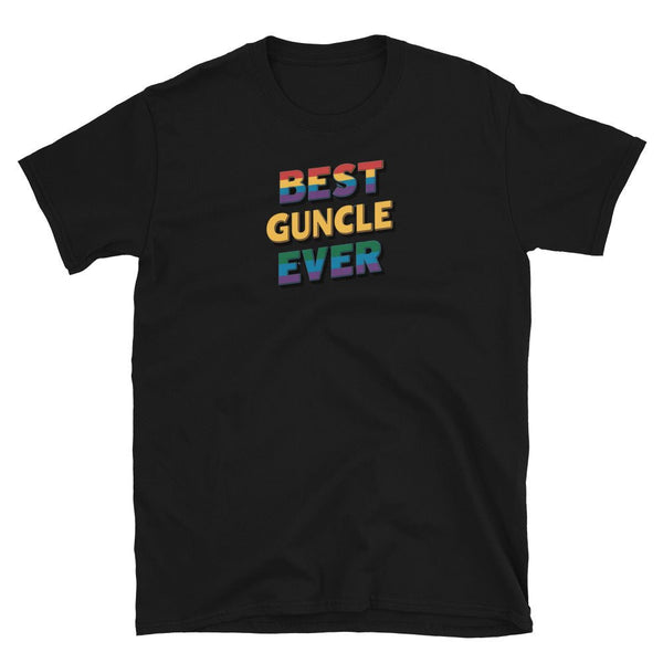 Best Guncle Shirt featuring colorful text on a black cotton t-shirt.