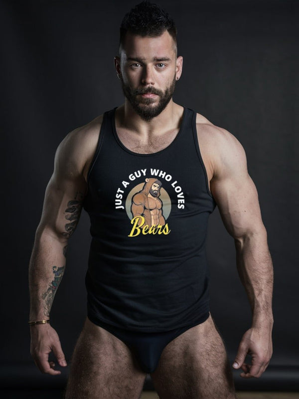 Muscular man in a black tank top with a bear graphic, featuring a fun slogan. Bilf T-shirt For Gay Bear Pride Shirt | Pride Gift for Boyfriend and Husband.